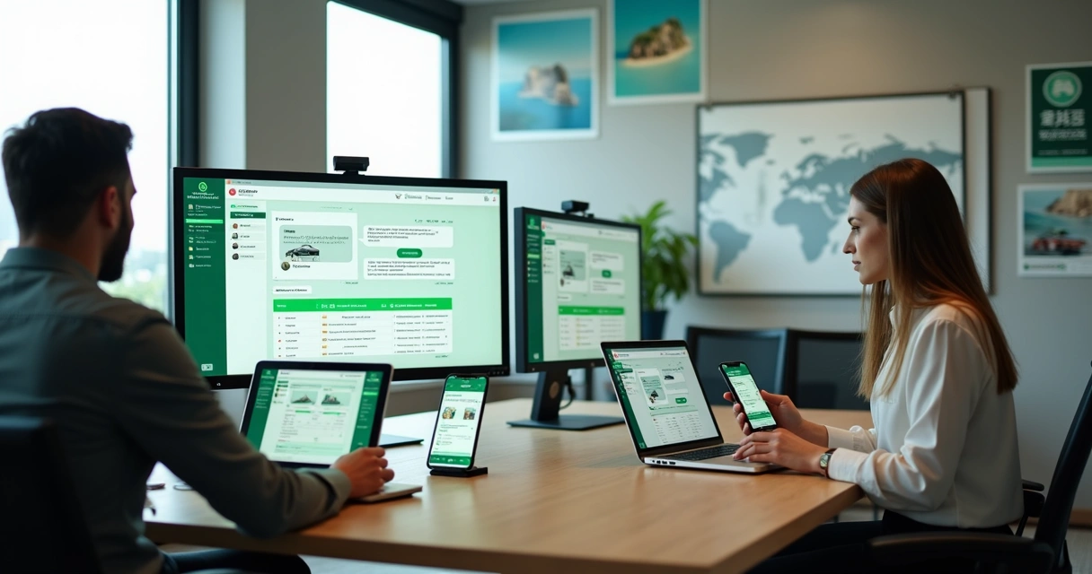 Equipe de agência de turismo usando WhatsApp Business em notebooks e celulares para atender clientes 