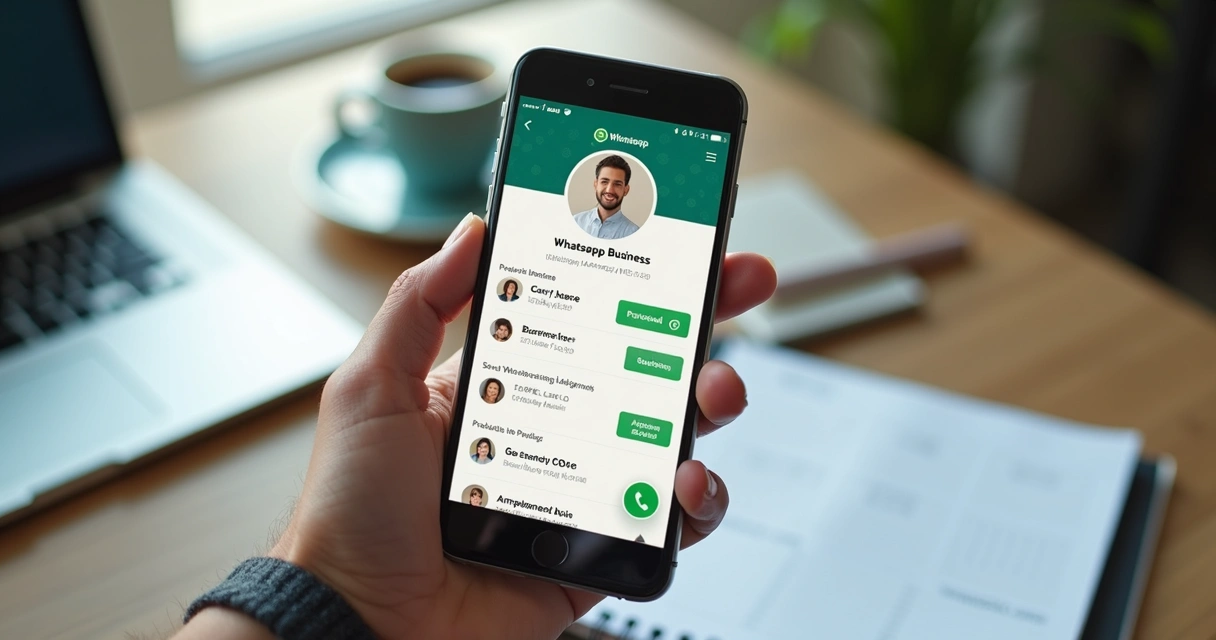 Pessoa usando celular mostrando perfil profissional no WhatsApp Business com logos e mensagens automatizadas 