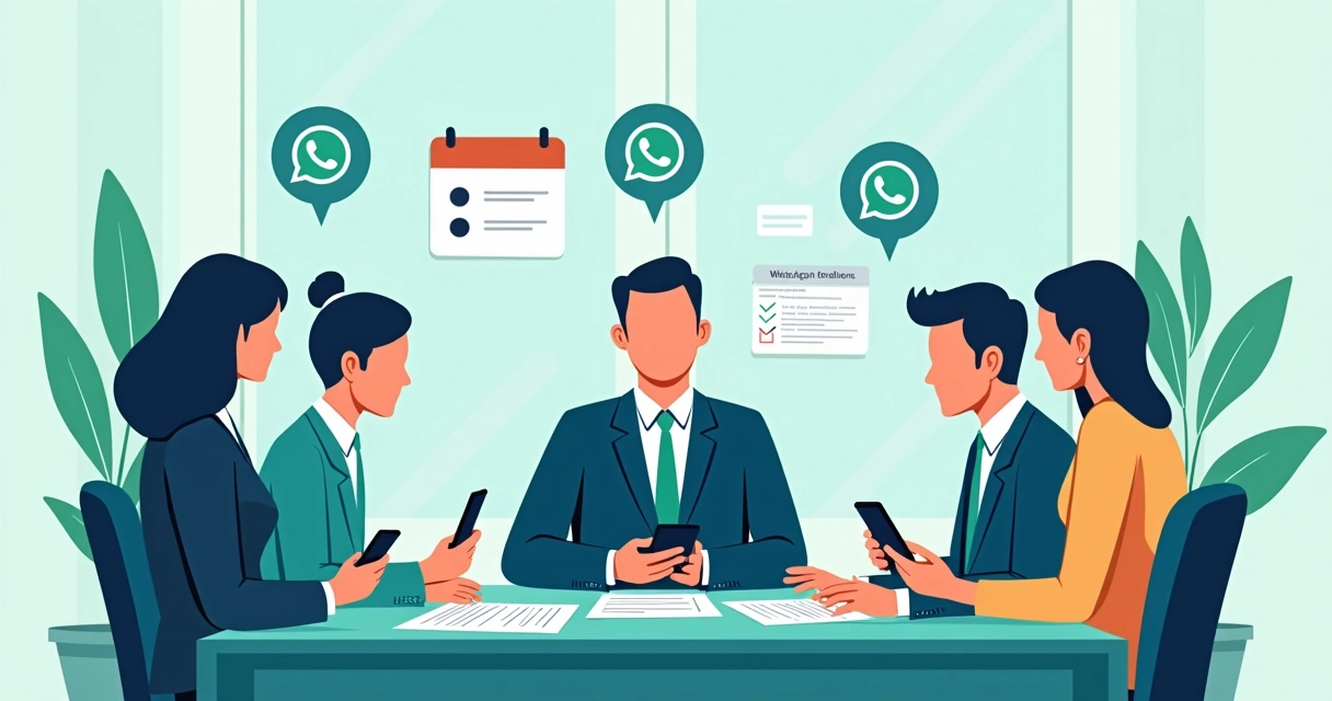 Política usando WhatsApp durante campanha eleitoral, com apoiadores e smartphone na mesa 