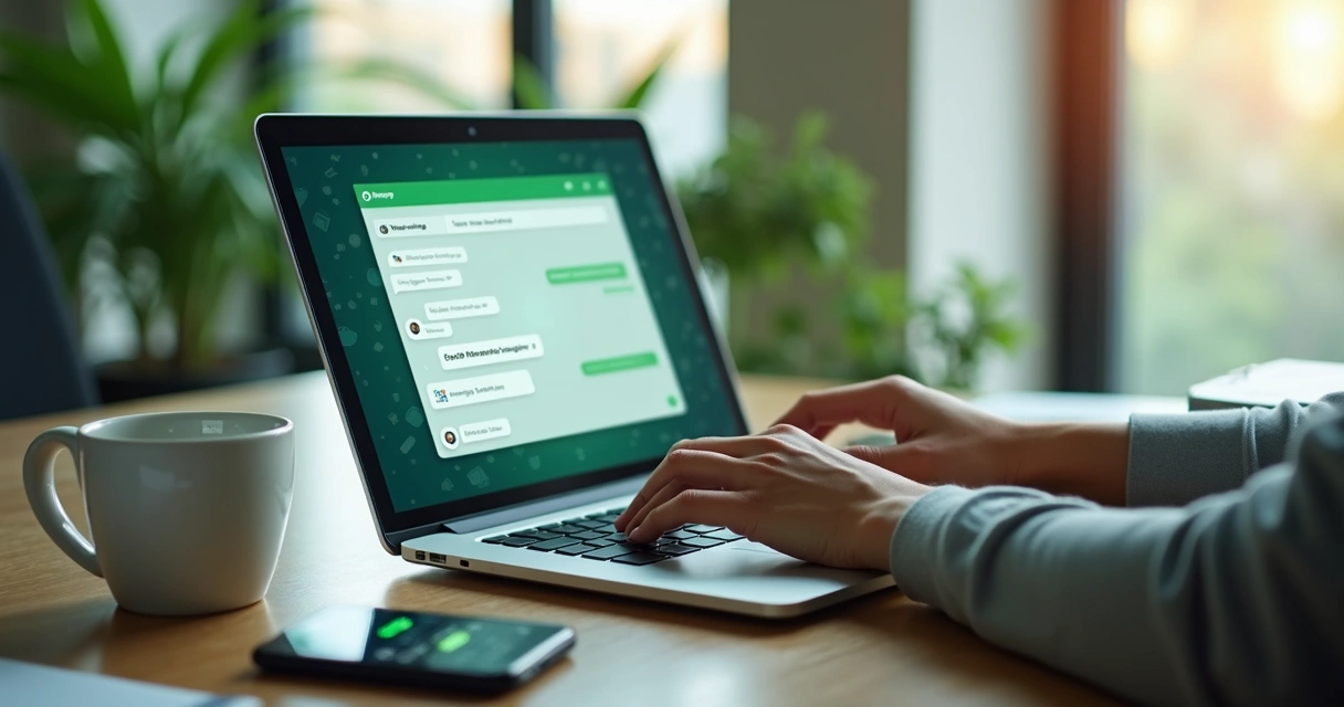 Pessoa digitando campanha de WhatsApp em notebook moderno 