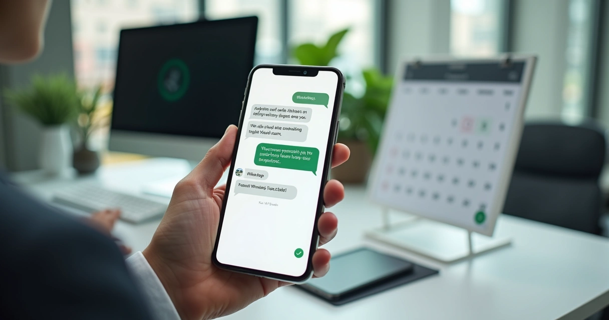 Smartphone displaying WhatsApp chat with AI chatbot scheduling appointments 
