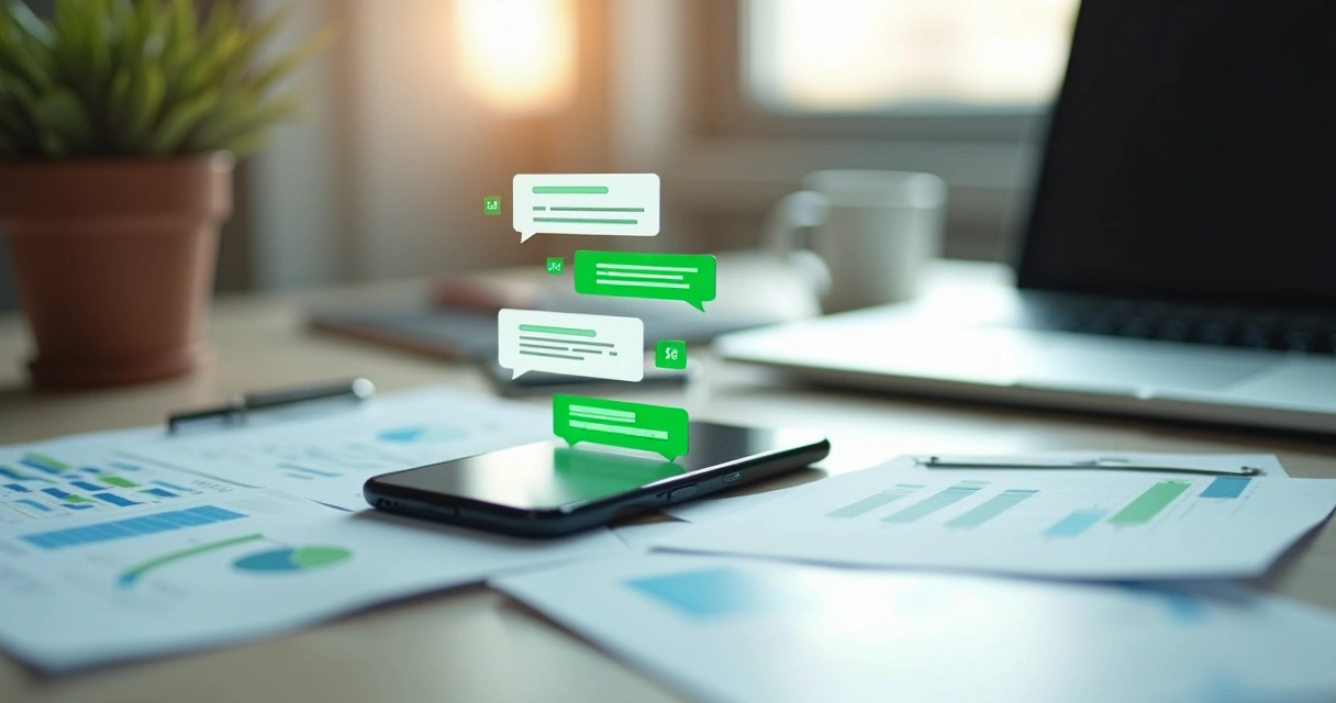 Smartphone displaying WhatsApp chatbot conversation with automated replies on a sleek desk with business charts 