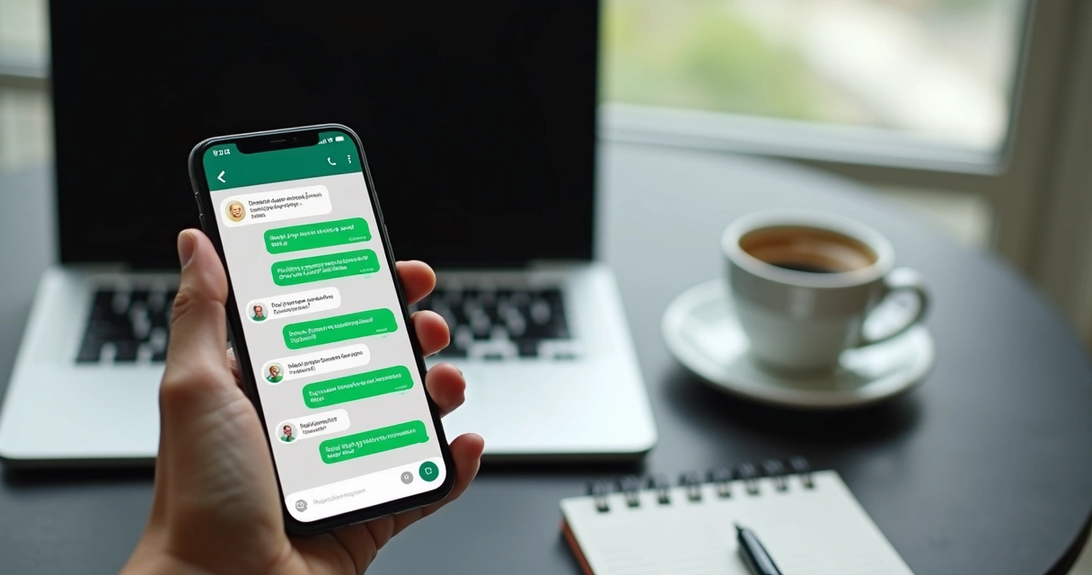 Smartphone displaying a WhatsApp chatbot conversation with automated sales responses on screen 