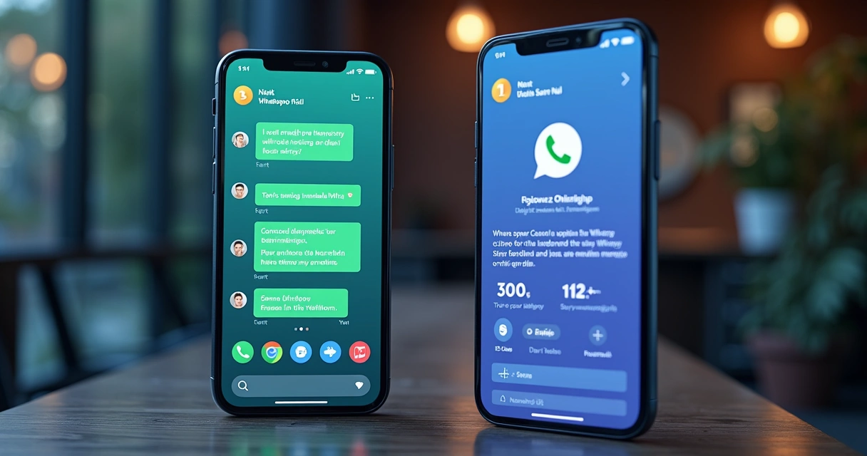 Comparison of two AI chatbot interfaces on smartphone screens representing Next.IA and EZ Chatbot for WhatsApp service 