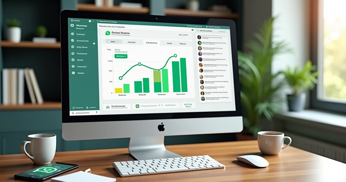 Computer screen showing WhatsApp chatbot dashboard with charts and messages 