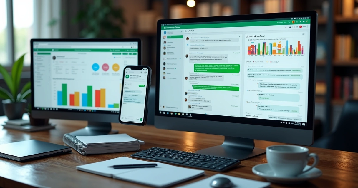 High-tech dashboard showing multi-agent WhatsApp chatbot management with customer conversations and analytics 