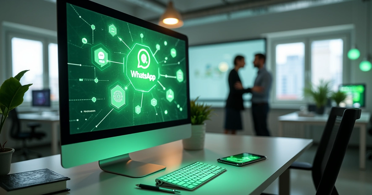 Workspace with computer screen showing WhatsApp chatbot interface and people communicating 