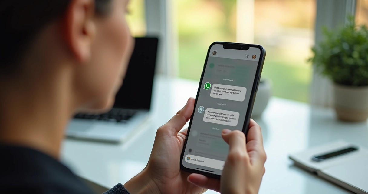 Mãos segurando smartphone mostrando conversa ativa no WhatsApp Business com interface moderna em ambiente de clínica estética sofisticada