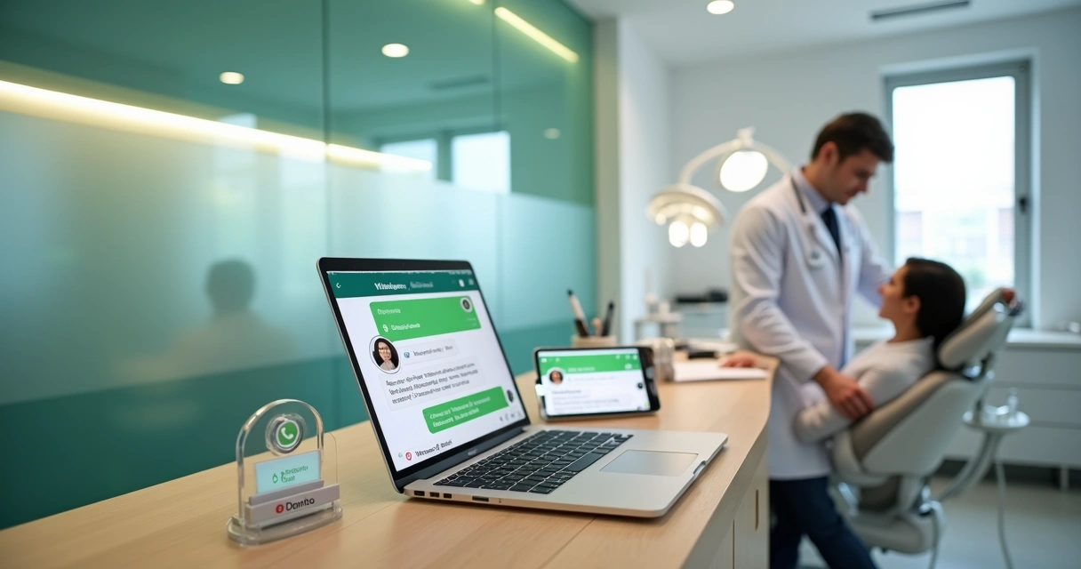 Dentista atendendo paciente enquanto conversa com lead no WhatsApp Web no notebook 