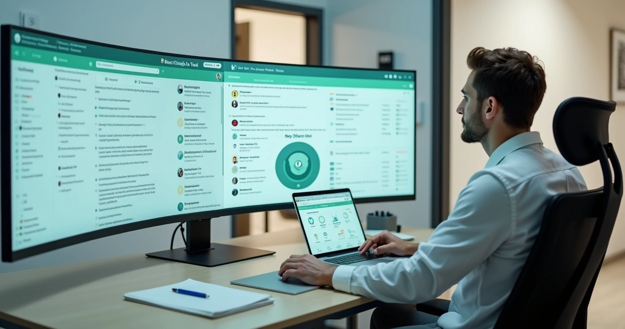 Gestor de clínica odontológica observando assistente virtual atendendo mensagens de pacientes no computador 