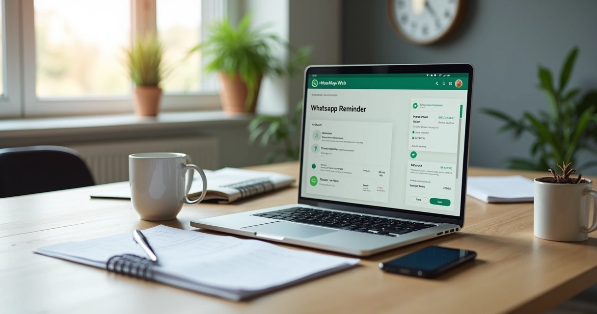 Empreendedora analisando cobranças pelo WhatsApp em mesa de escritório moderna 