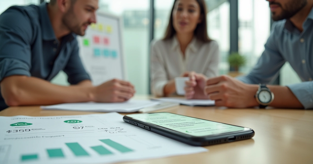Equipe de finanças colaborando em cobranças pelo WhatsApp em ambiente de escritório moderno 