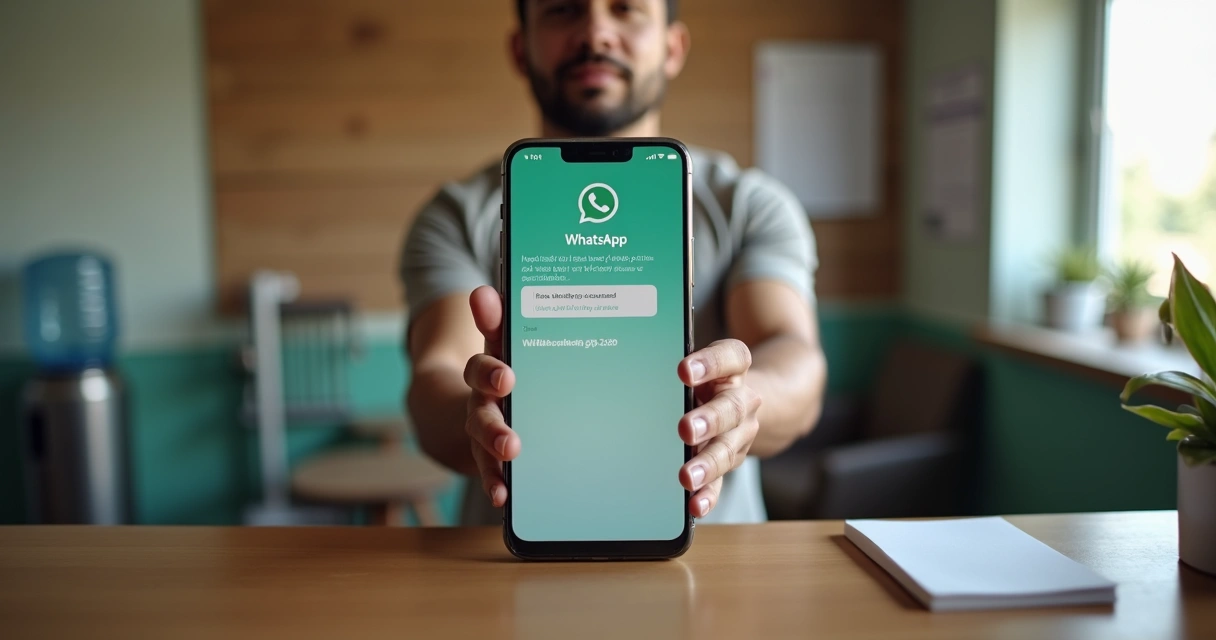 Empresário enviando mensagem de cobrança educada pelo WhatsApp em ambiente de pequeno negócio 