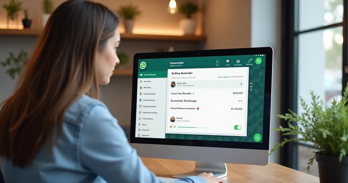 Empresária em recepção de clínica usando computador para configurar lembrete automático no WhatsApp 