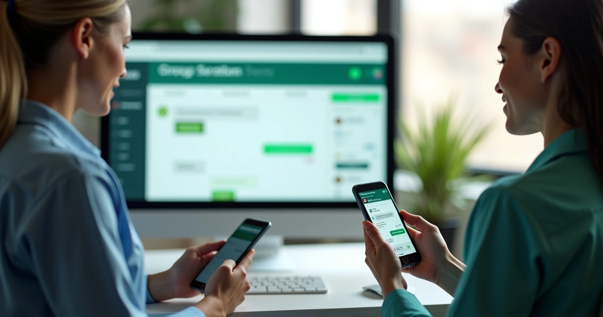 Tela de computador mostrando dashboard com WhatsApp aberto e equipe usando aplicativo do WhatsApp no celular 