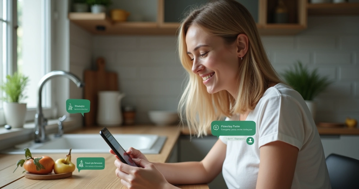 Pessoa usando WhatsApp para receber alertas financeiros com gráficos na tela 