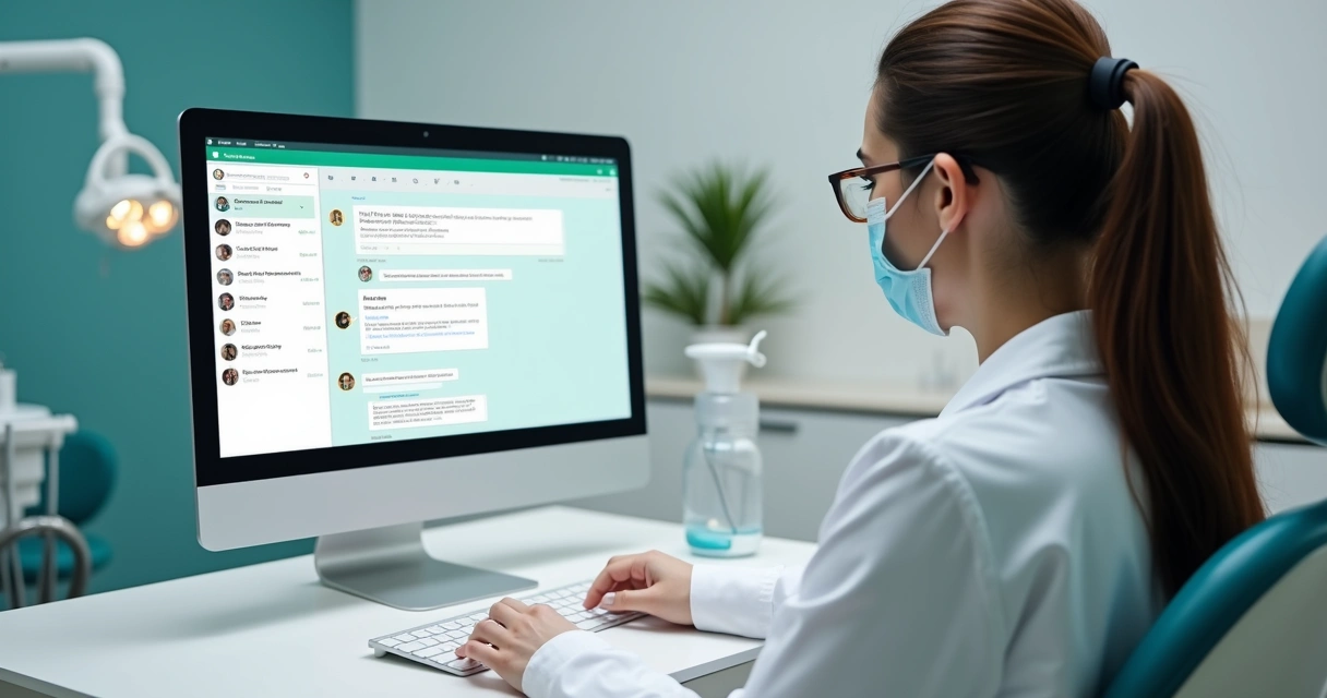 Dentista utilizando WhatsApp no consultório para enviar lembretes a pacientes 