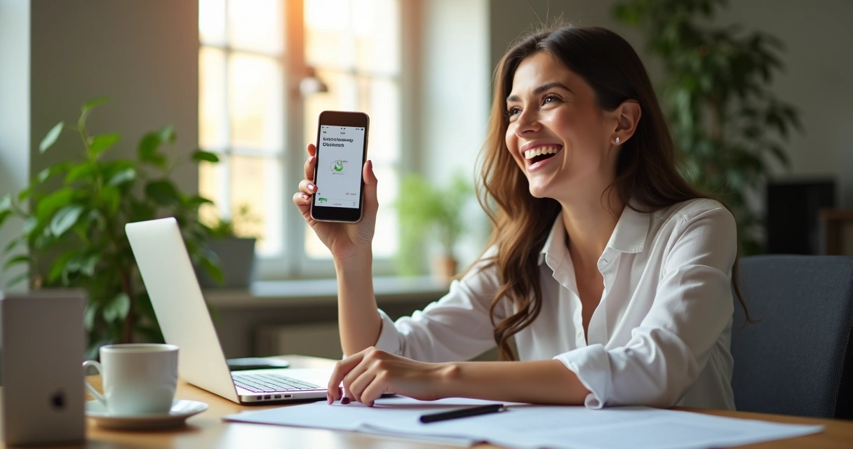 Pessoa feliz mostrando contrato assinado pelo WhatsApp 