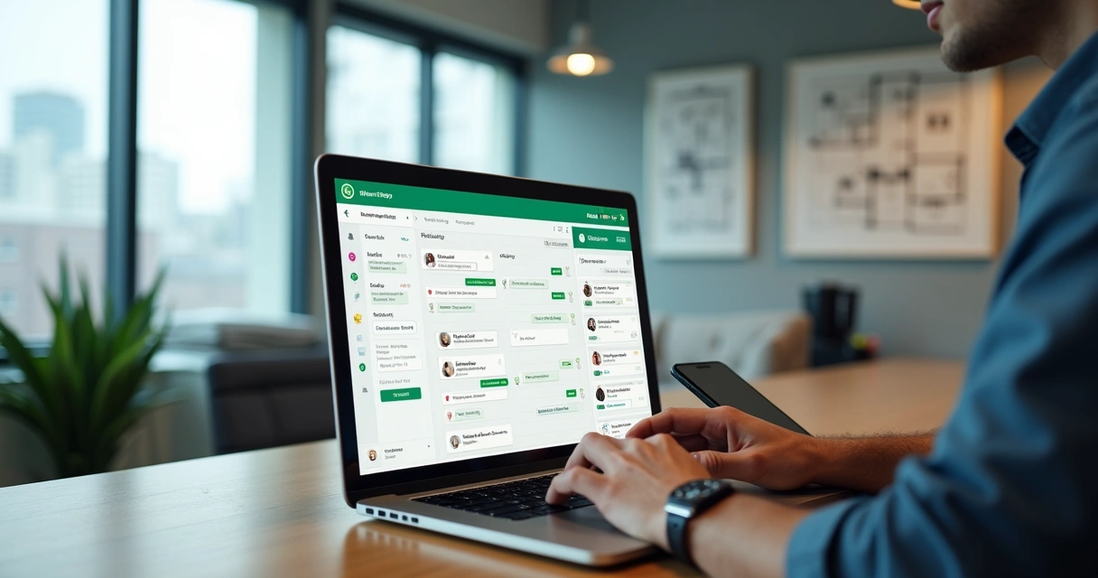 Corretor imobiliário usando notebook com funil de vendas integrado ao WhatsApp na tela 