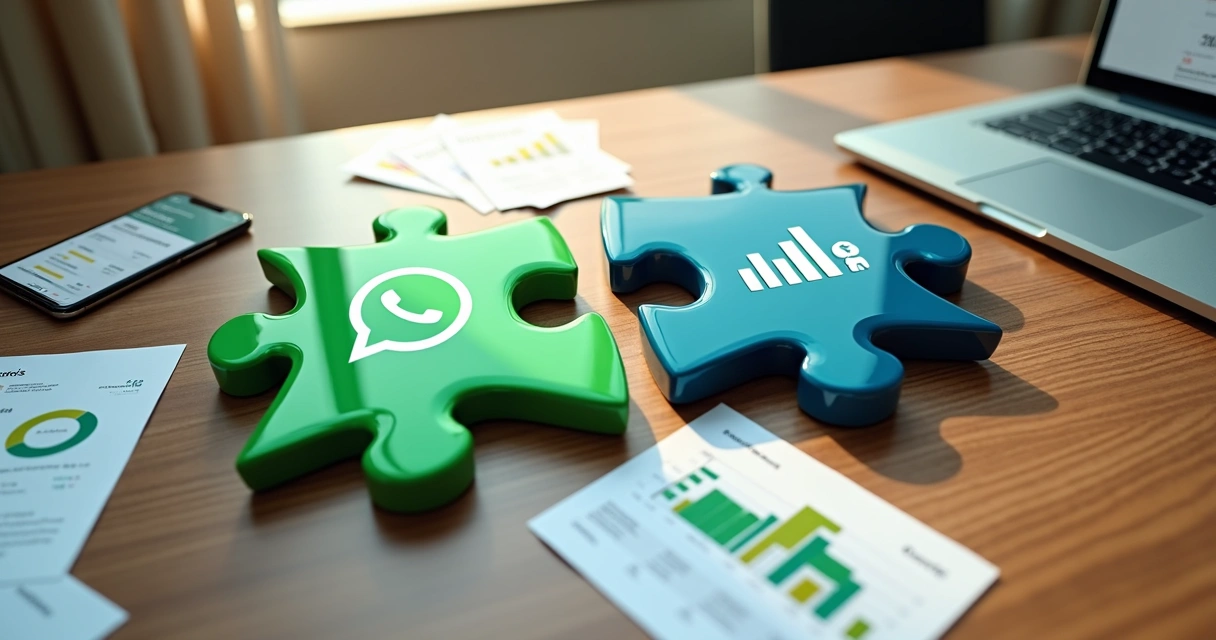 Peças de quebra-cabeça de WhatsApp e CRM se encaixando sobre mesa com dados e gráficos 