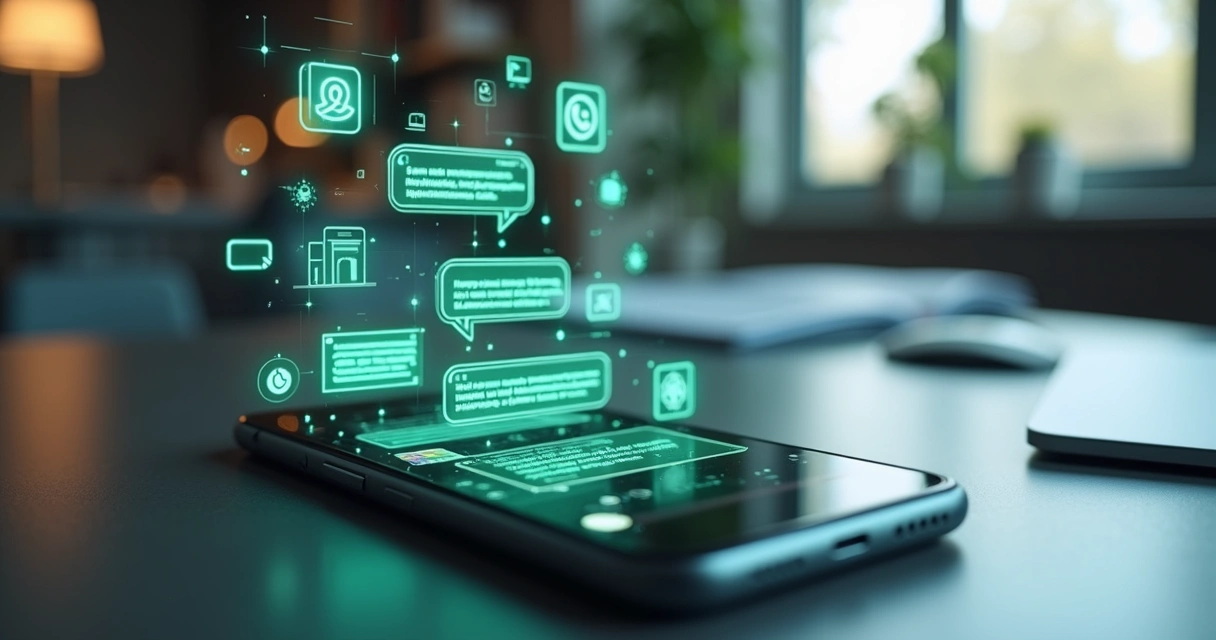 Smartphone showing WhatsApp chat with automated chatbot responses and digital interface elements around it 