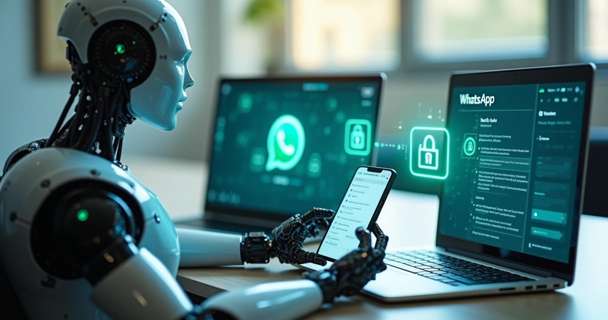 Tela de WhatsApp com robô de IA analisando dados de perfil 
