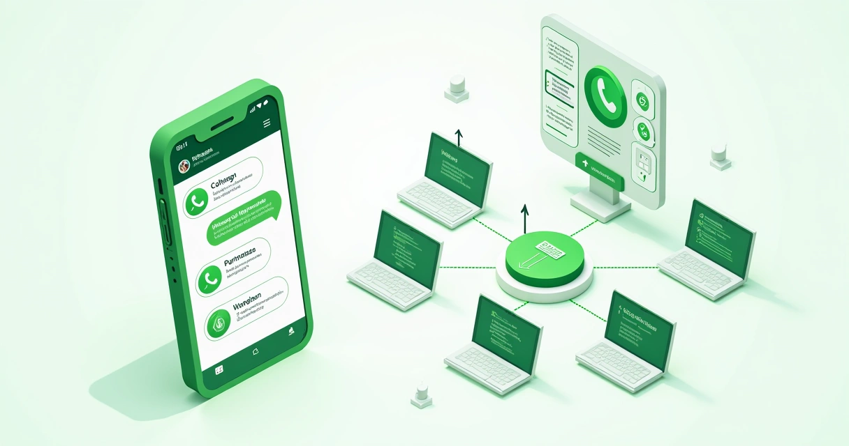 Comparativo visual entre WhatsApp Business App e WhatsApp API, mostrando telas de celular e integração com múltiplos computadores e sistemas 