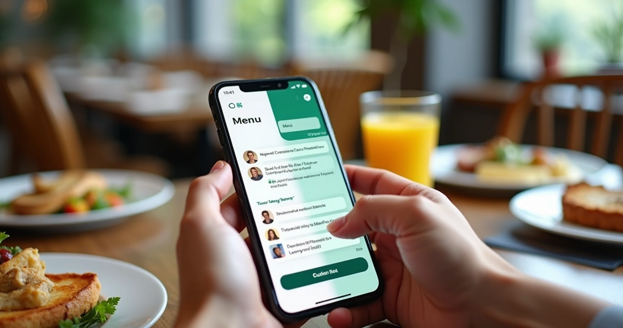 A smartphone on a restaurant table displaying a digital menu and WhatsApp chat side by side 