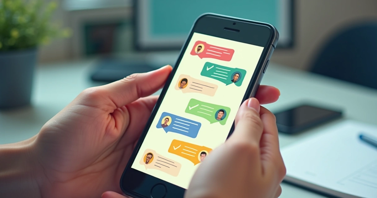 Celular mostrando grupos de WhatsApp sobre eleições, mãos de pessoa digitando 