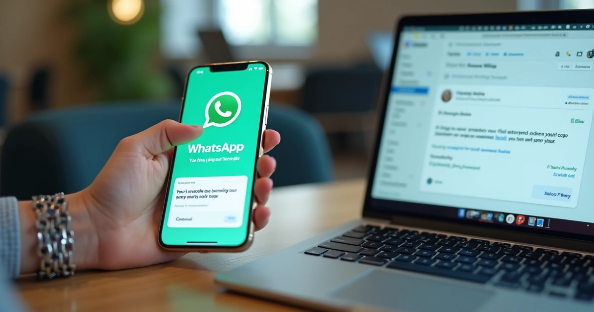 Celular com WhatsApp aberto e tela de computador com e-mail de cobrança 