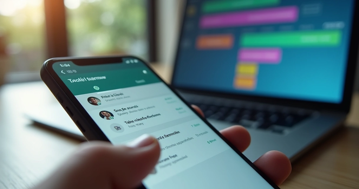 Celular e notebook com dashboards e conversas sobre licitação de condomínio