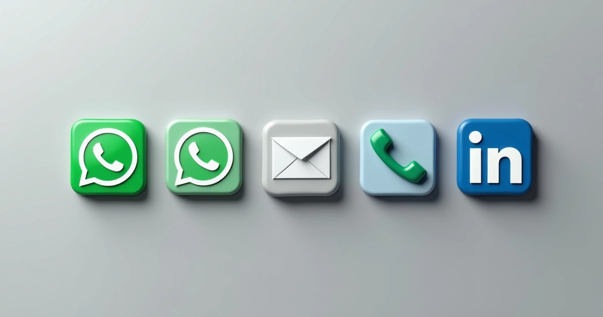 Ícones de WhatsApp, e-mail, telefone e LinkedIn lado a lado, cores neutras 