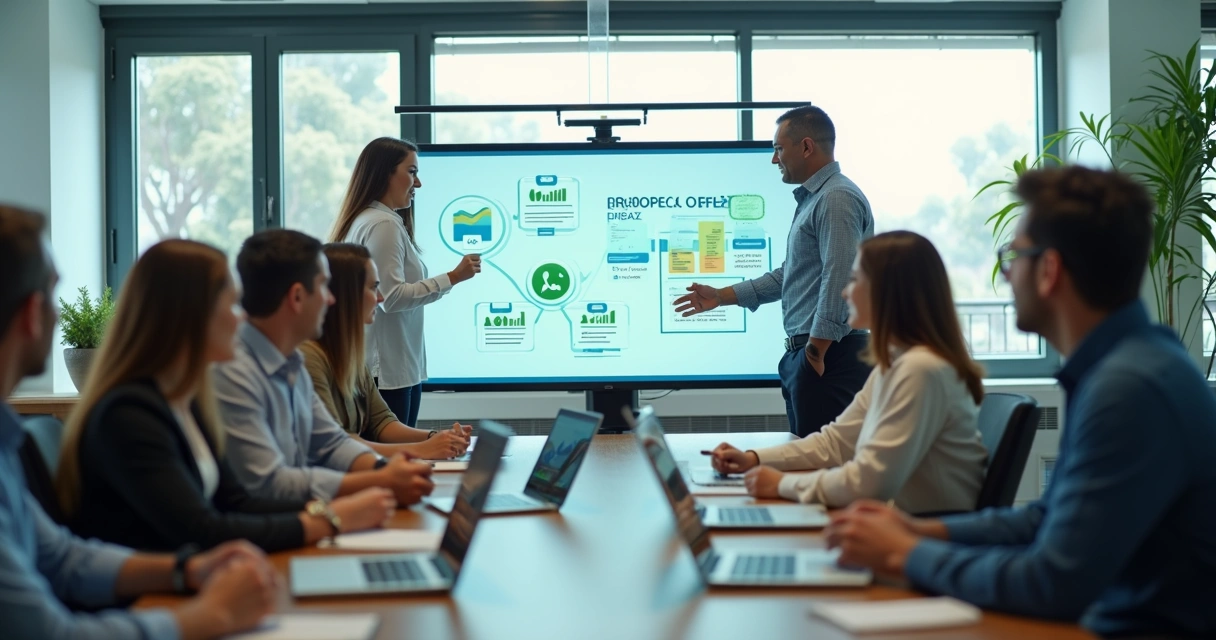 Equipe comercial em reunião discutindo abordagens de WhatsApp 