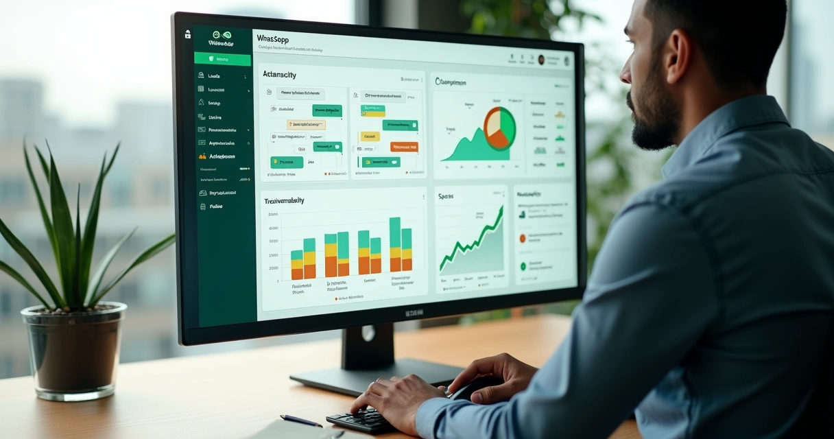 Gestor analisando painel de WhatsApp empresarial com kanban e gráficos em tempo real 