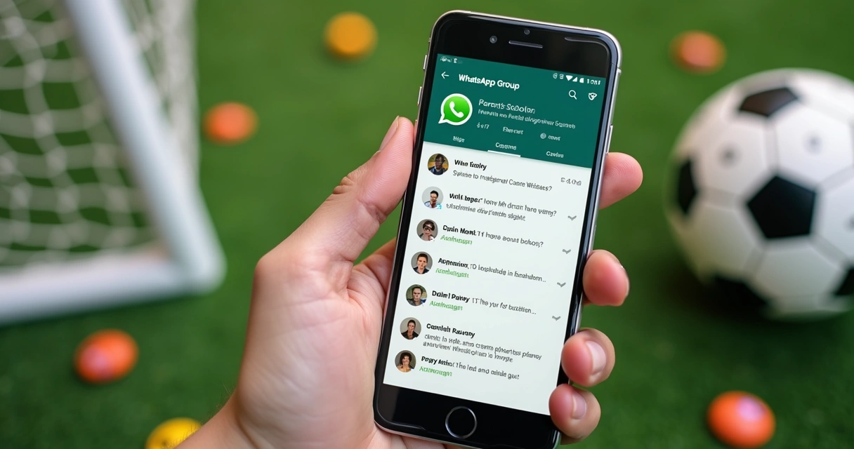 Grupo de WhatsApp de escola de futebol, pais e alunos interagindo 