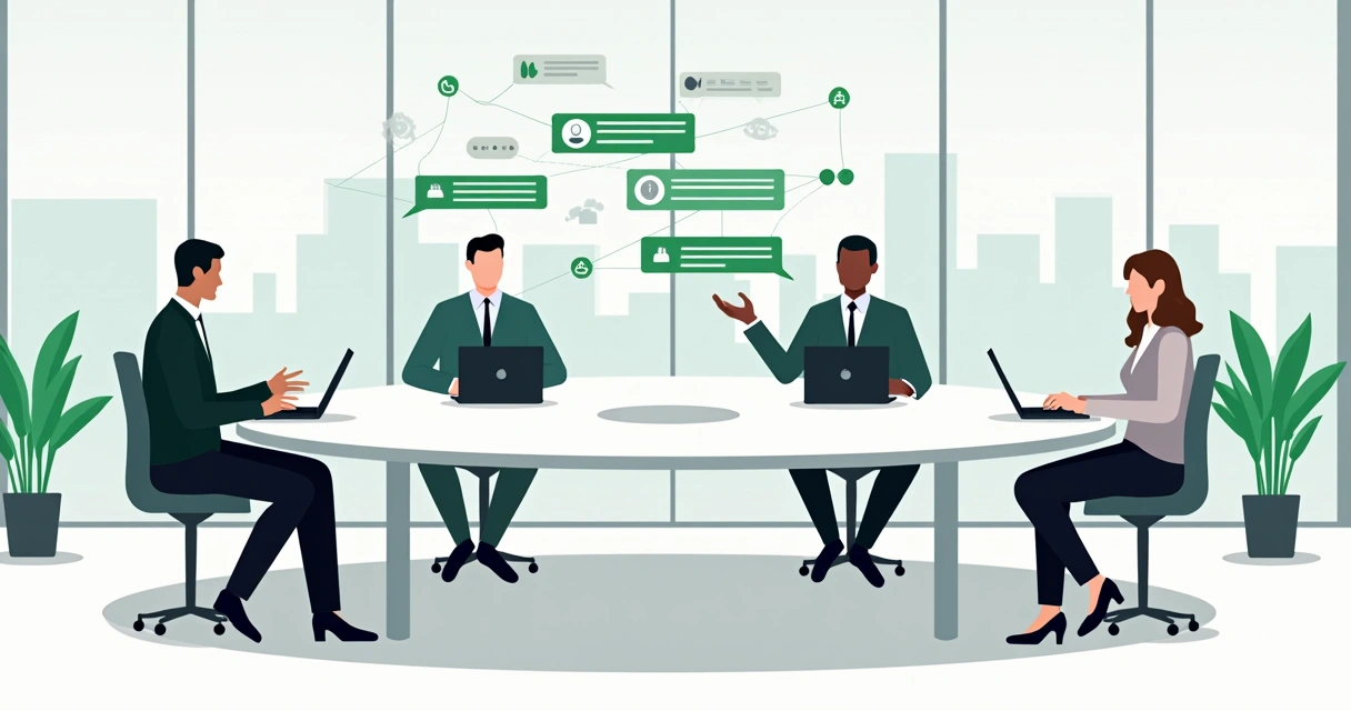 Executivos de empresas B2B conectados por fluxo de mensagens de WhatsApp em mesa de reunião 