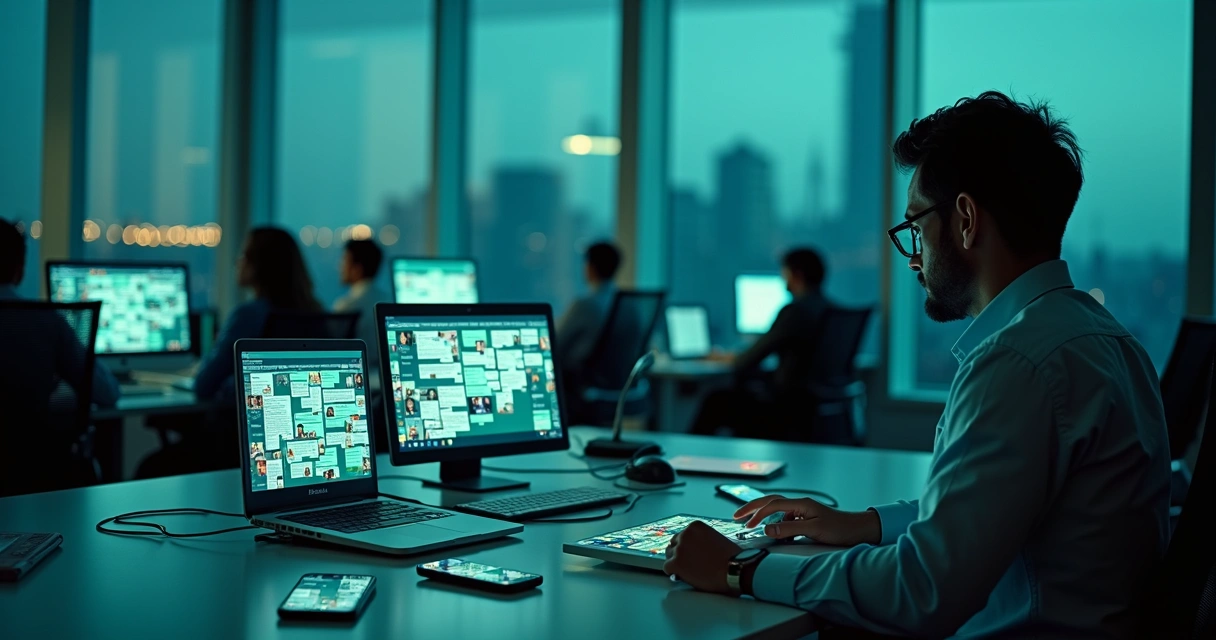 Gestor observando painel caótico de conversas de WhatsApp em ambiente corporativo 