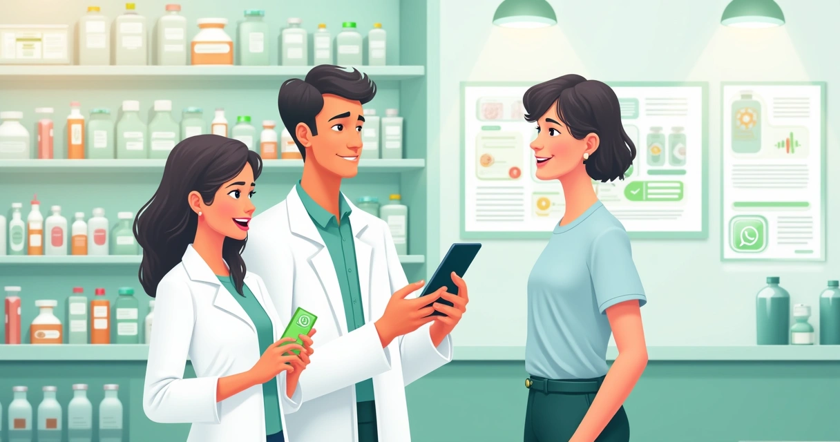 Farmácia moderna com farmacêutico respondendo a cliente via WhatsApp em smartphone, prateleiras de medicamentos ao fundo.