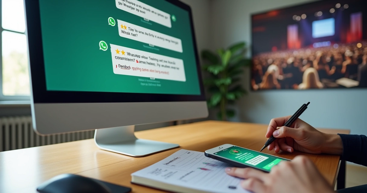 Pessoa analisando feedbacks de evento no WhatsApp em tela de computador com celular ao lado 
