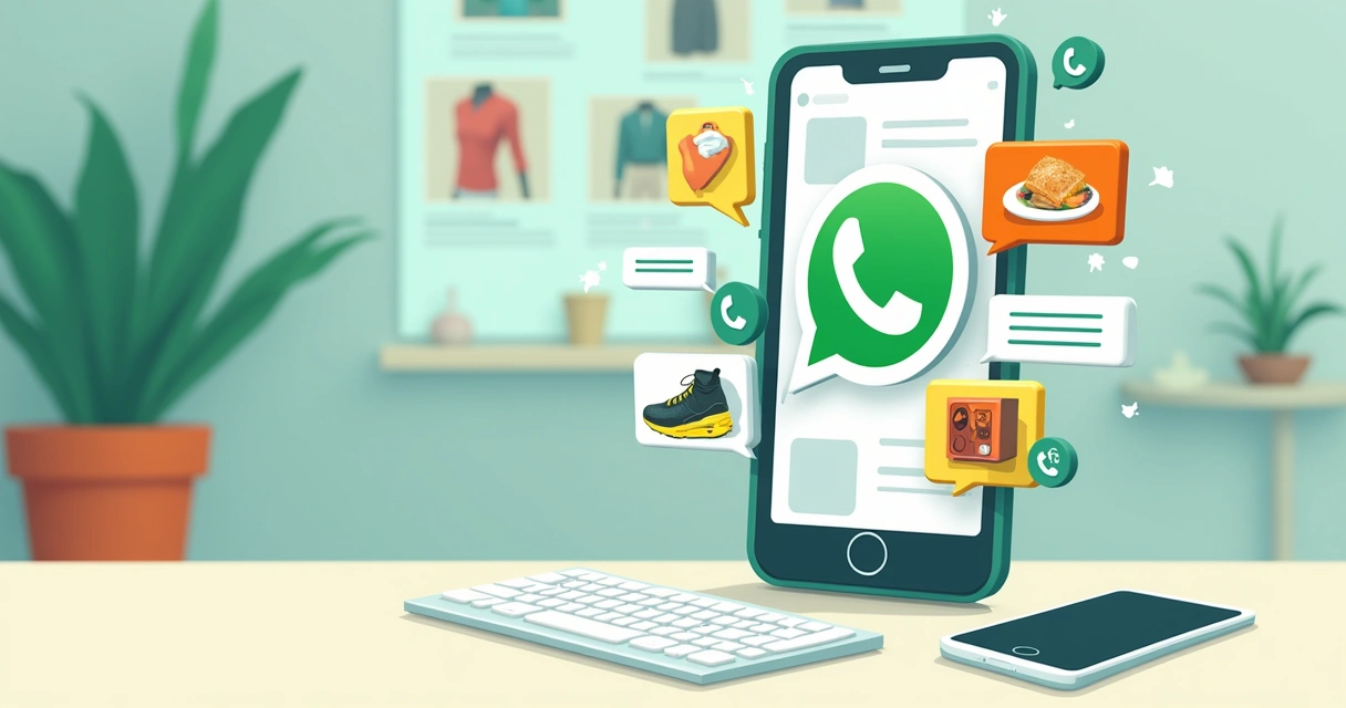 Smartphone showing WhatsApp chat with product images and messages, surrounded by colorful products.