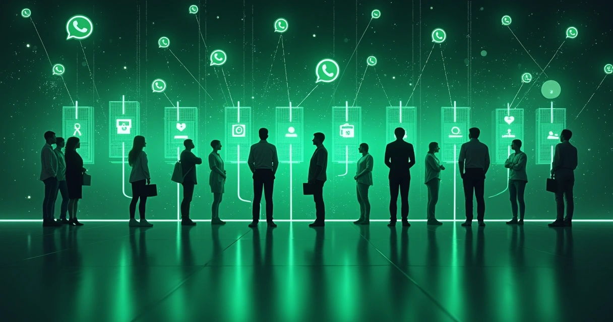 Fila digital organizada de pessoas no WhatsApp, ilustração moderna e tecnológica. 