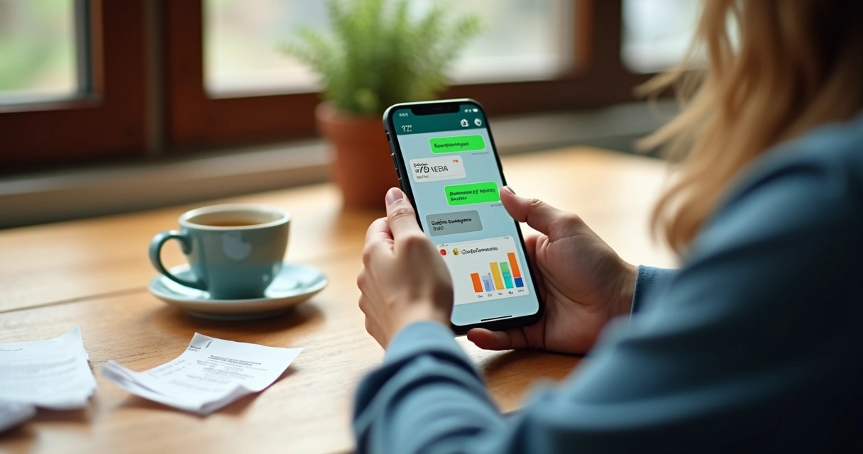 Pessoa usando WhatsApp para anotar gastos e ver relatórios financeiros