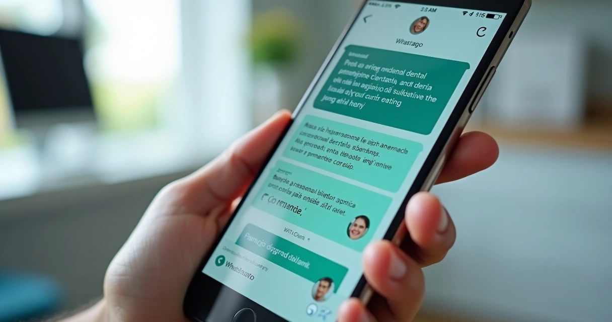 Tela de celular com conversa de WhatsApp mostrando IA odontológica explicando opções de financiamento de tratamento ao paciente 