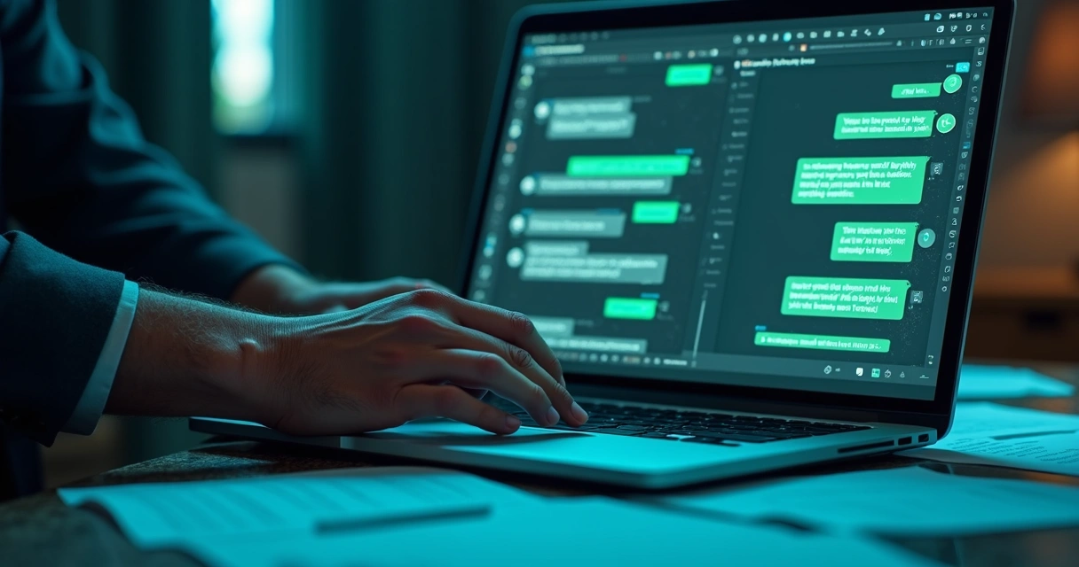 Laptop open with digital forensic software showing a WhatsApp chat log 