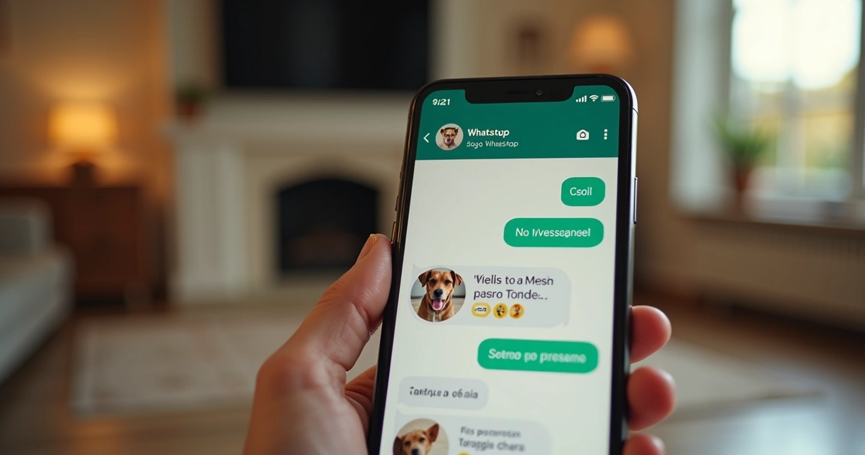 Ecrã de telemóvel com fotos de um cão recebidas por WhatsApp 