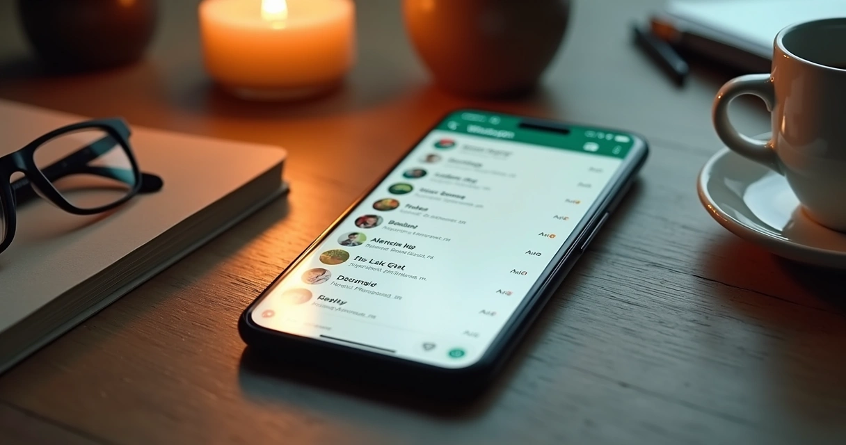 Celular aberto no WhatsApp mostrando uma lista de tarefas organizadas na tela, sobre uma mesa com itens de escritório 