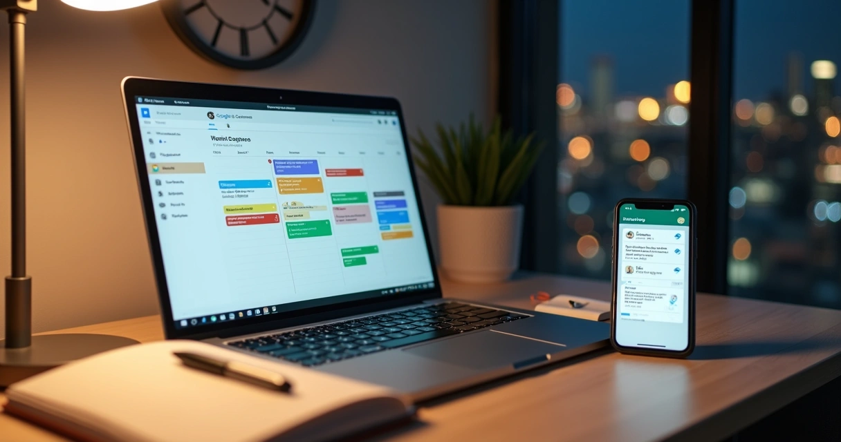 Mesa de trabalho com notebook exibindo Google Calendar sincronizado ao WhatsApp no celular ao lado 