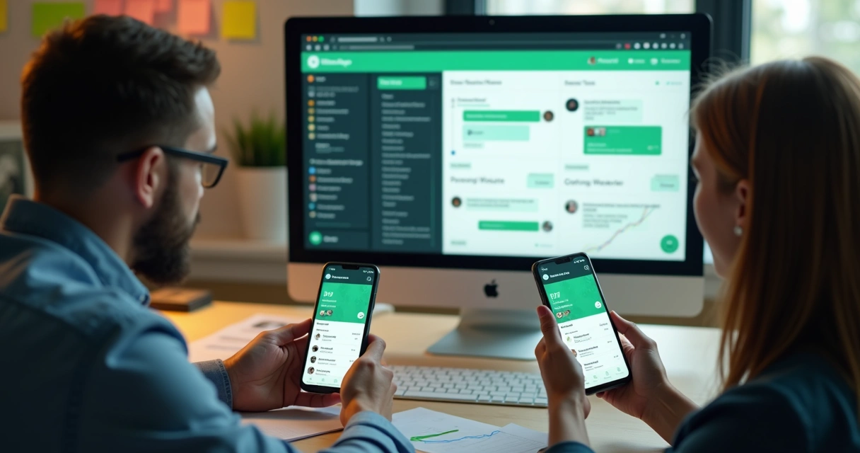 Multiple smartphones showing WhatsApp group chats and a dashboard with lead numbers
