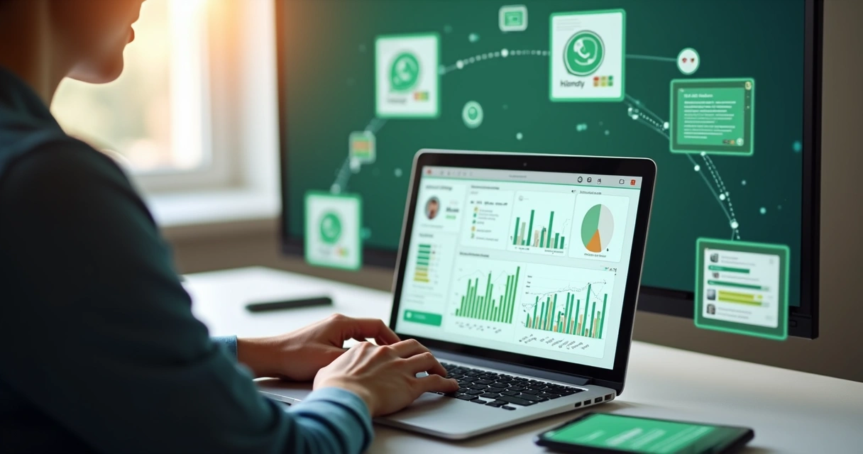 Administrador analisando grupo de WhatsApp com gráficos e mensagens 