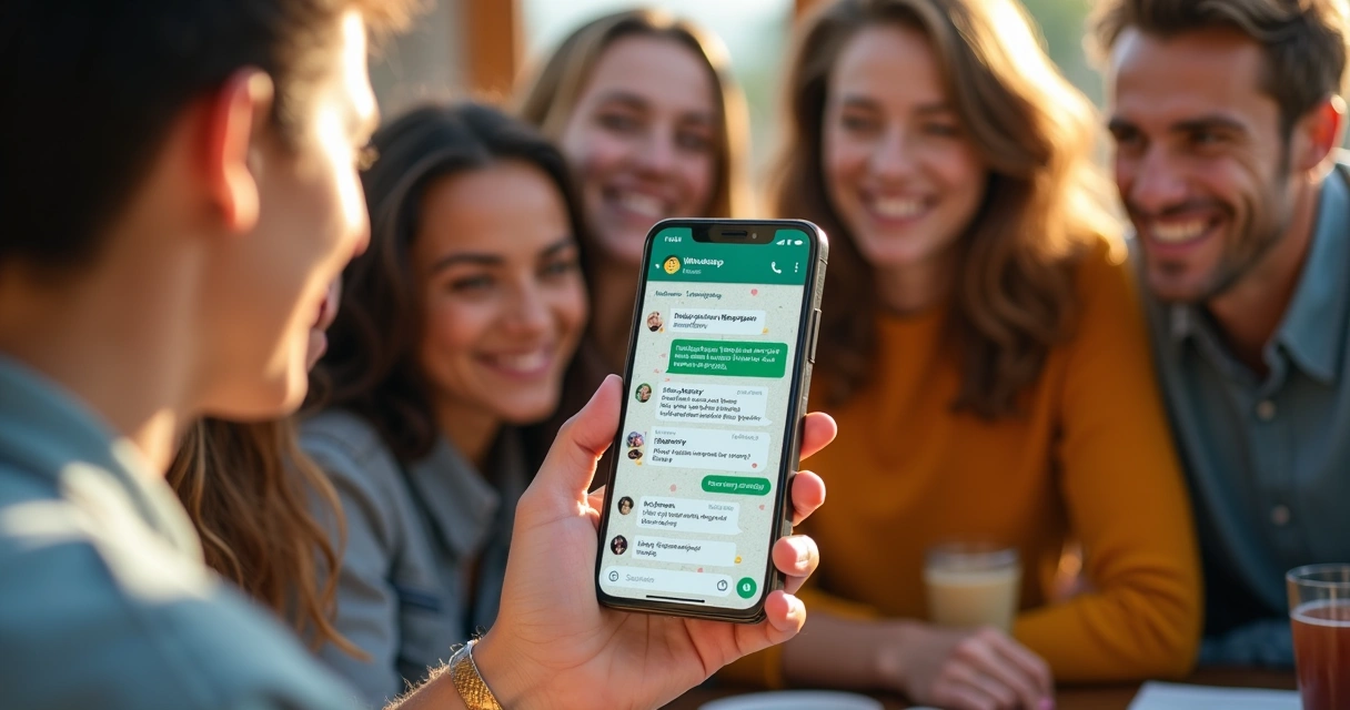 Grupo WhatsApp comemorando aniversário com emojis coloridos em conversa animada